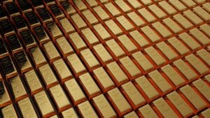 1公斤金条在桌面上整齐排列，背景虚化，象征黄金与比特币作为防稀释资产的配置逻辑