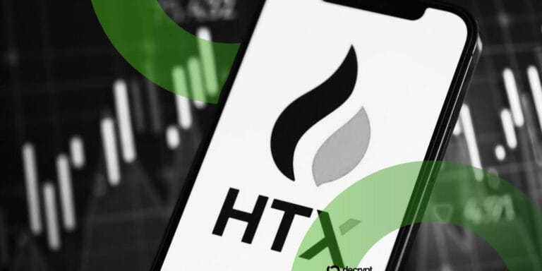 HTX 加密资产交易所品牌图，背景是链上钱包轮换与英国 OFSI 制裁主题