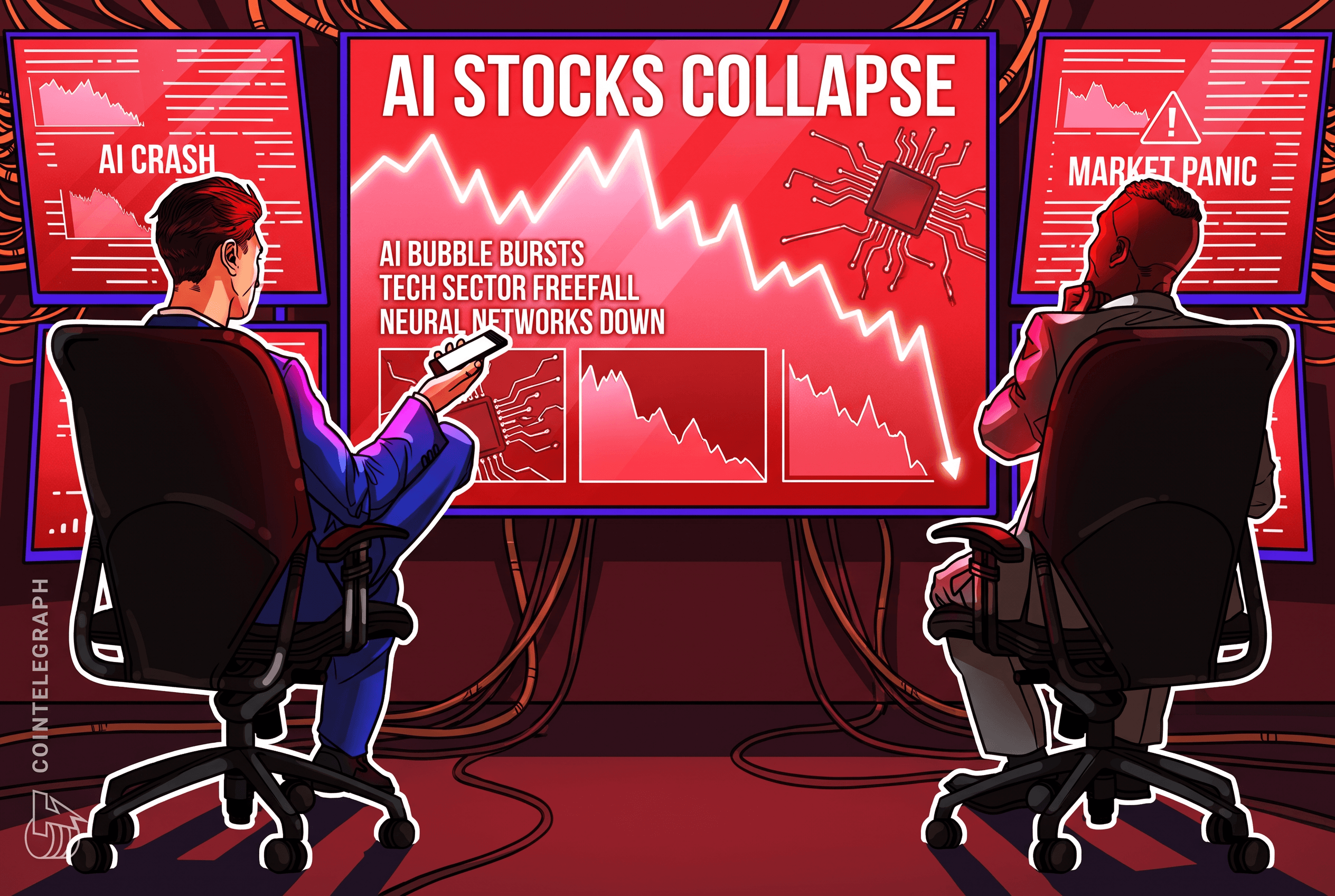 AI主题对冲基金与比特币矿企股价同向下跌的抽象插图