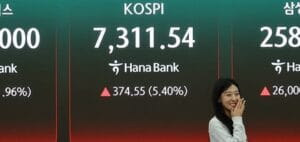 华尔街与亚洲股市交易屏幕，叠加PPI数据公布后的利率期货与芯片股走势