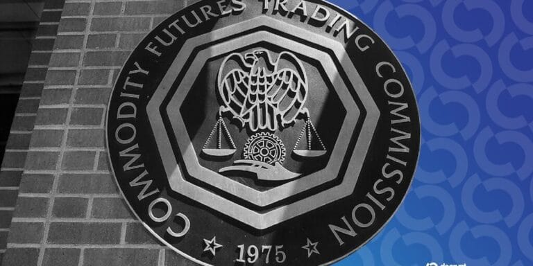 CFTC大楼与加密货币监管文件并置的抽象插画