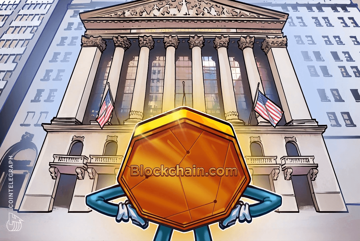 纽约证券交易所外景叠加代币化股票与区块链网络概念图,呼应 NYSE 与 Blockchain.com 代币化美股合作主题