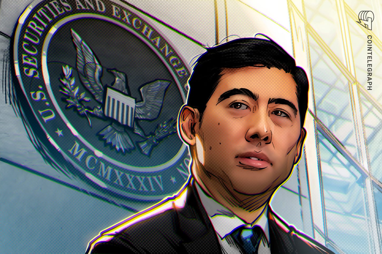 SEC 大楼外景与代币化美股链上交易示意图,呼应 Innovation Exemption 受控试点主题