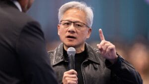 英伟达 AI 芯片制造场景，背景涉及中美科技谈判话题