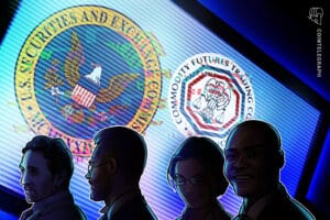 SEC 与 CFTC 总部外立面，配以加密资产监管文件与 Howey 测试示意图