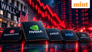 2026年9月14日美股芯片股盘中跌幅示意图：Marvell、Intel、AMD、Broadcom、Nvidia单日大幅回撤，纳指跌1.7%（配图为来源方AI生成示意图，仅供版面参考）