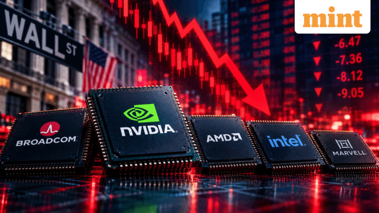 2026年9月14日美股芯片股盘中跌幅示意图:Marvell、Intel、AMD、Broadcom、Nvidia单日大幅回撤,纳指跌1.7%(配图为来源方AI生成示意图,仅供版面参考)
