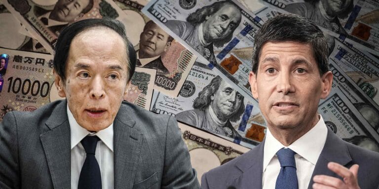 日本银行行长 Kazuo Ueda 与美联储主席 Kevin Warsh 在通胀与政治压力下被市场推上聚光灯的合成图