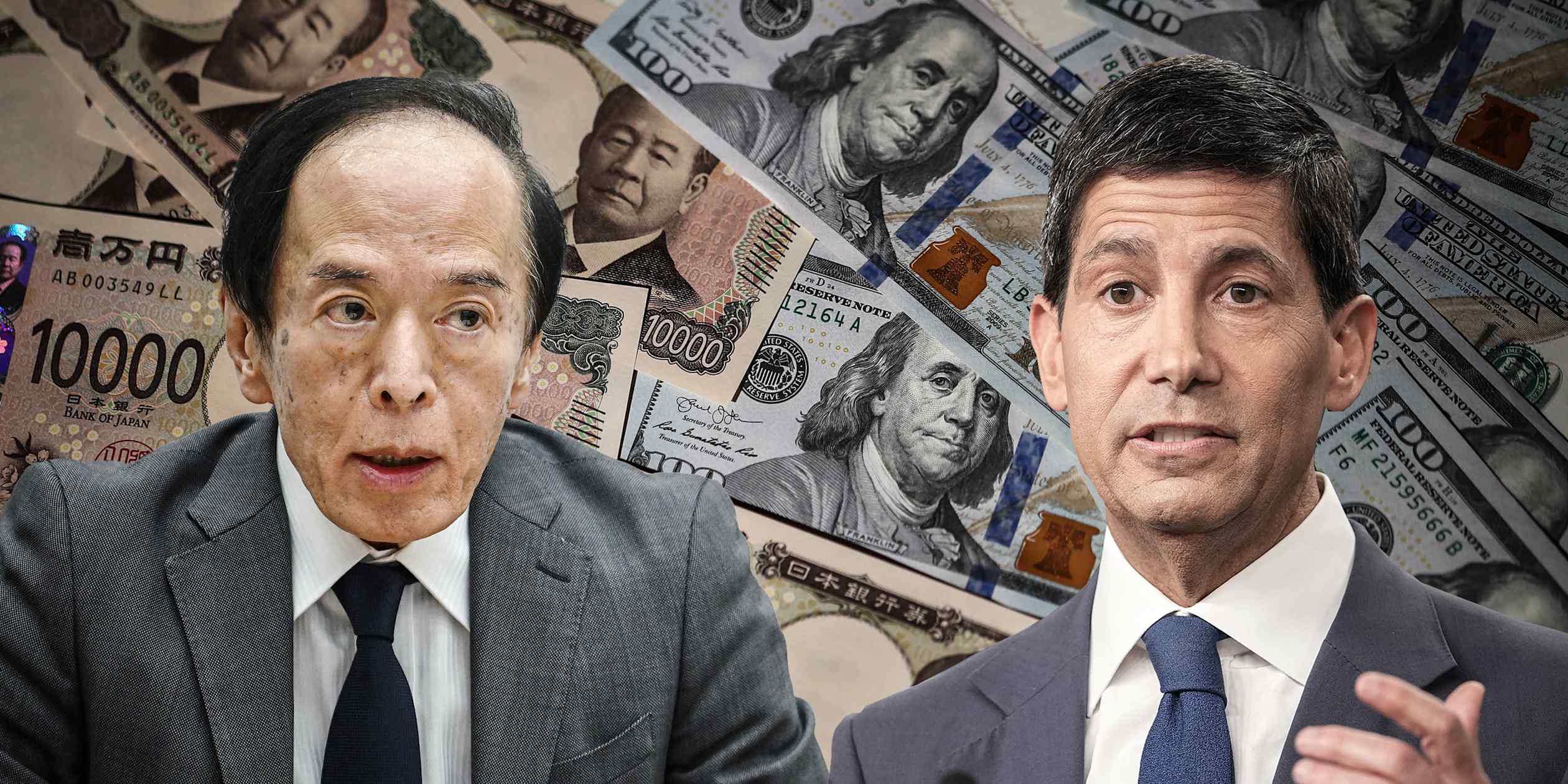 日本银行行长 Kazuo Ueda 与美联储主席 Kevin Warsh 在通胀与政治压力下被市场推上聚光灯的合成图,背景为美元兑日元K线与全球长端债券收益率走势示意