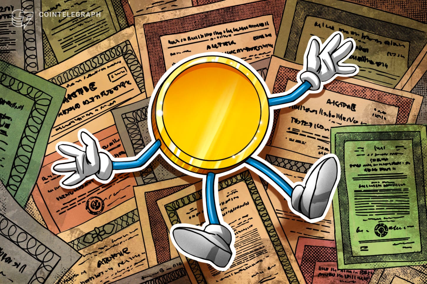 加密 ETF 与 SEC 监管文件桌面布局的概念图