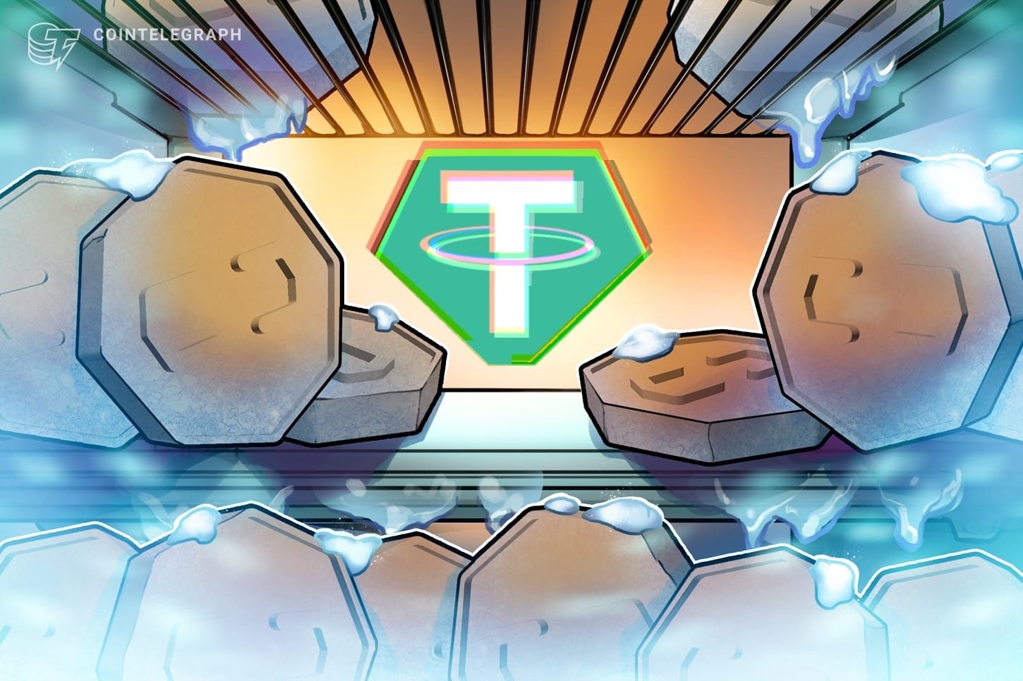 Tether公司Logo与USDT稳定币图标,背景为美国参议院大楼,象征稳定币合规监管