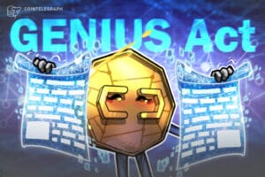 美联储大楼外观与美元稳定币USDT、USDC符号的视觉对照