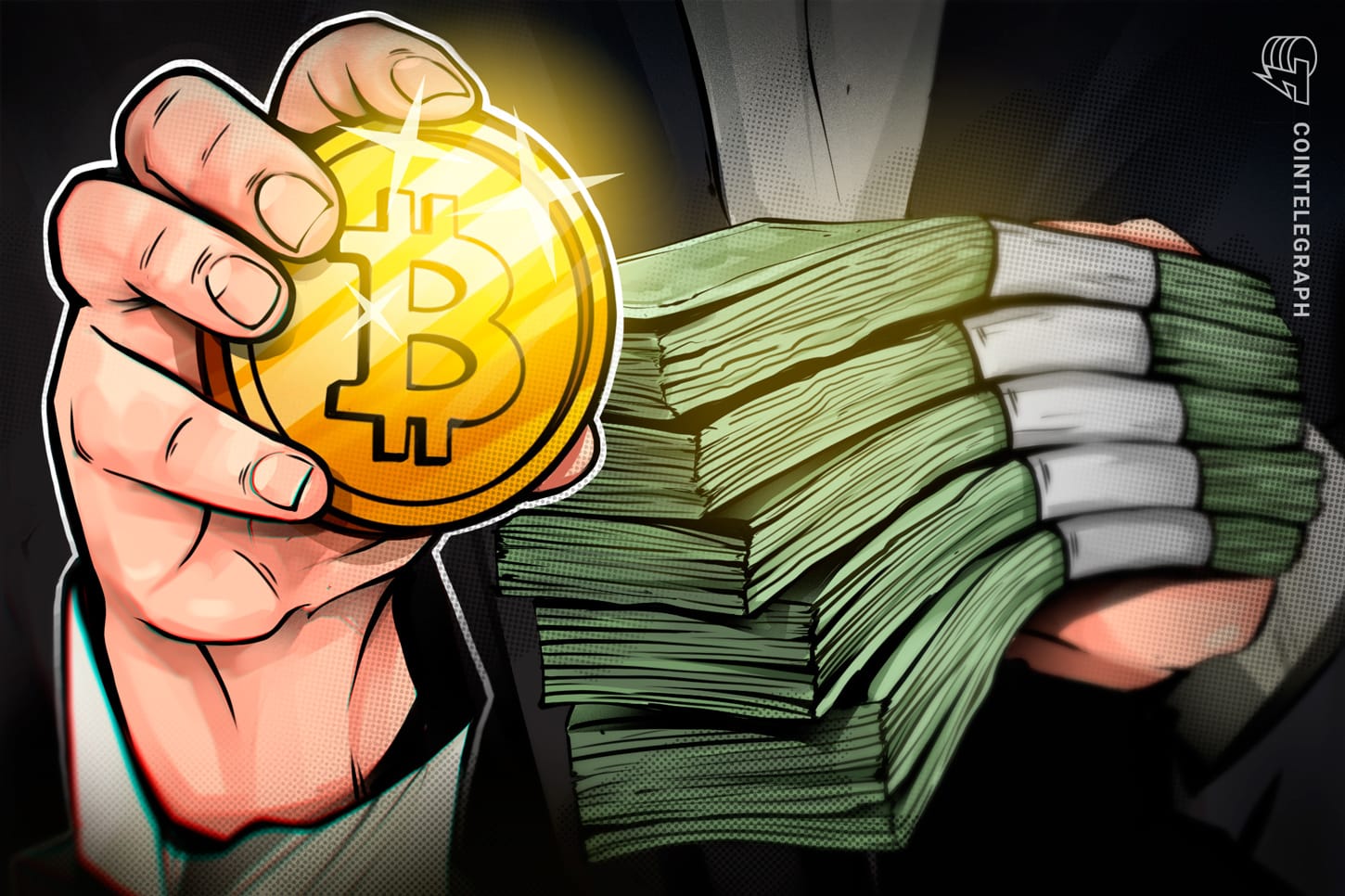 美元法币纸币与比特币元素的合成图,配合 Circle 机构 BTC 抵押 USDC 借贷上线报道