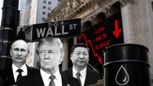 美国股指期货走弱、国际油价上涨与地缘政治风险交织的跨资产市场示意图
