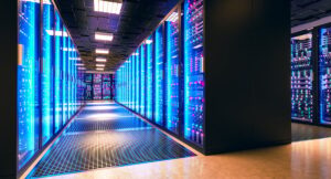 CoreWeave的AI数据中心基础设施示意图，暗示高额资本开支的硬件投入规模